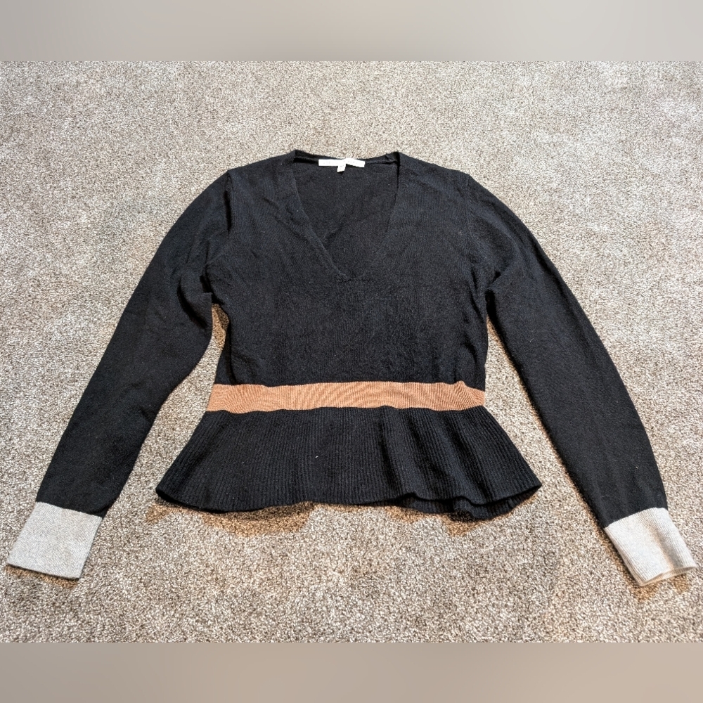 Veronica Beard 100% Cashmere V-Neck Peplum Colorblock Sweater, Women's Large